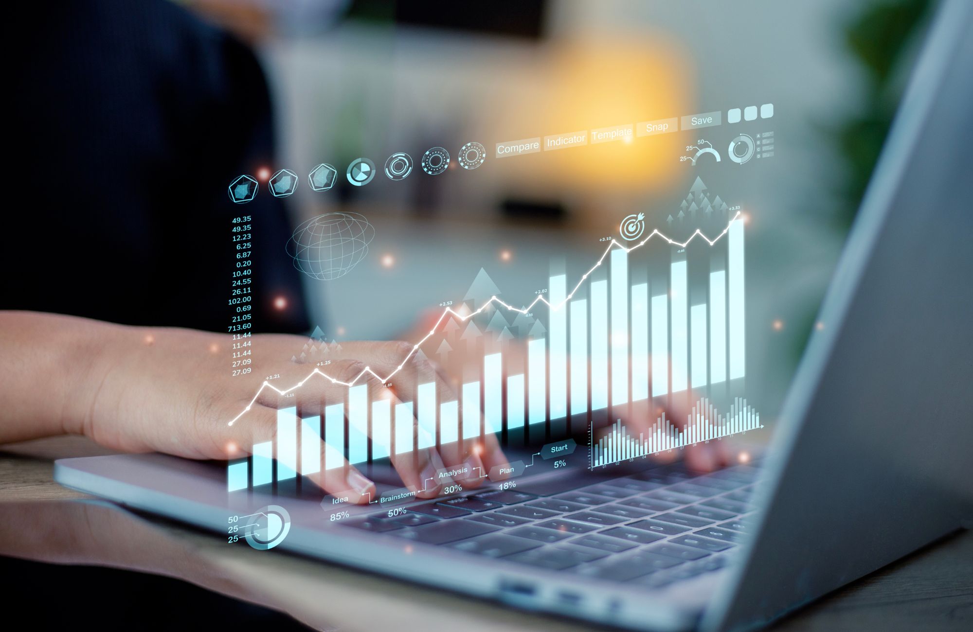 Person interacting with a laptop, showcasing AI-driven data and graphs, representing 5 Key Web Design Trends for 2025 You Need to Know.