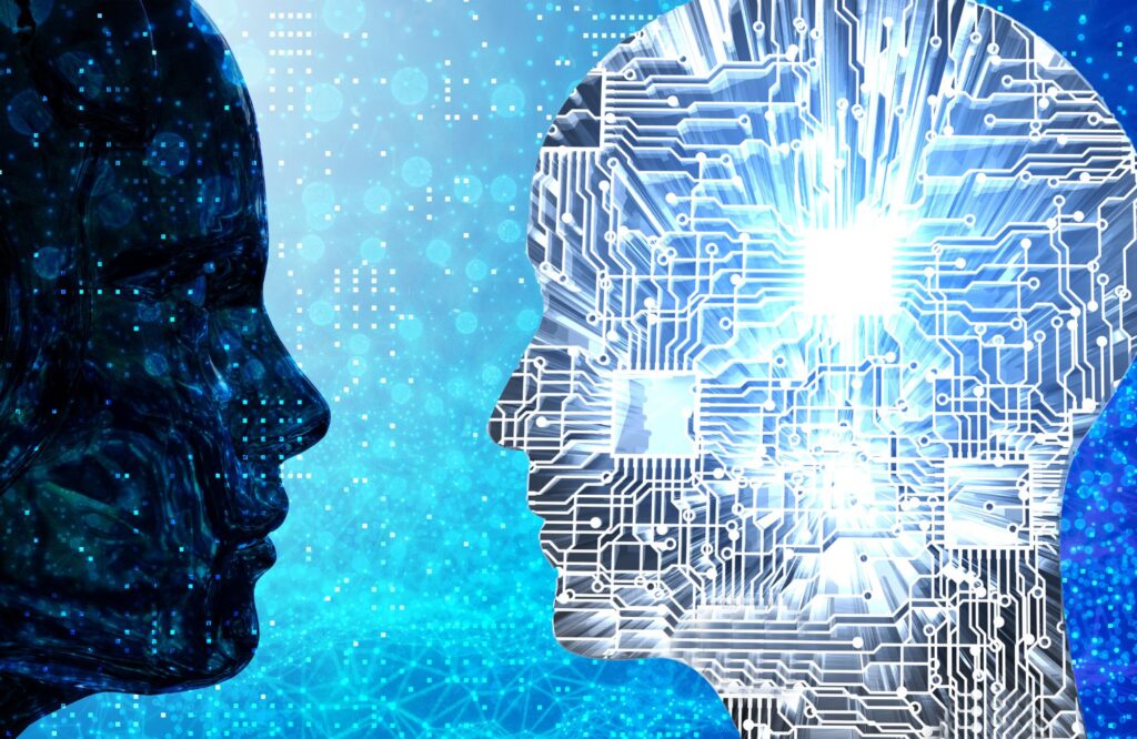 Two digital faces, one representing a human and the other composed of circuits, symbolizing the integration of AI in the voiceover industry.2