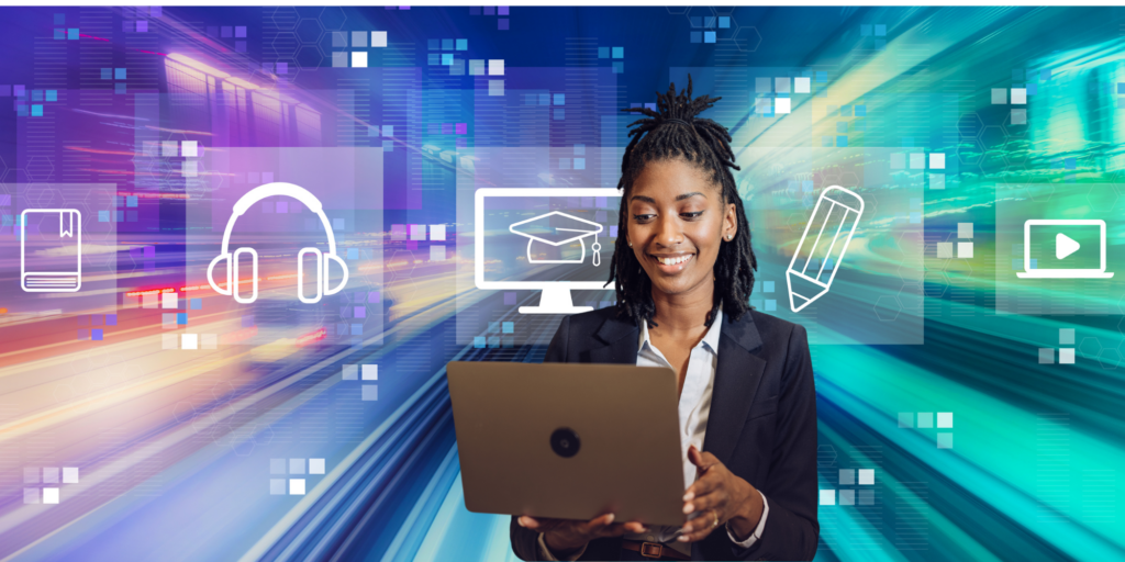 Smiling employee using a laptop for interactive e-learning, with digital learning icons representing education and engagement in the background.