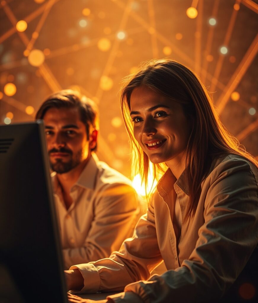 Zwei Personen vor einem Computerbildschirm, umgeben von symbolischer Datenvisualisierung – Darstellung kollaborativer Arbeit an KI-basierten Automatisierungslösungen.